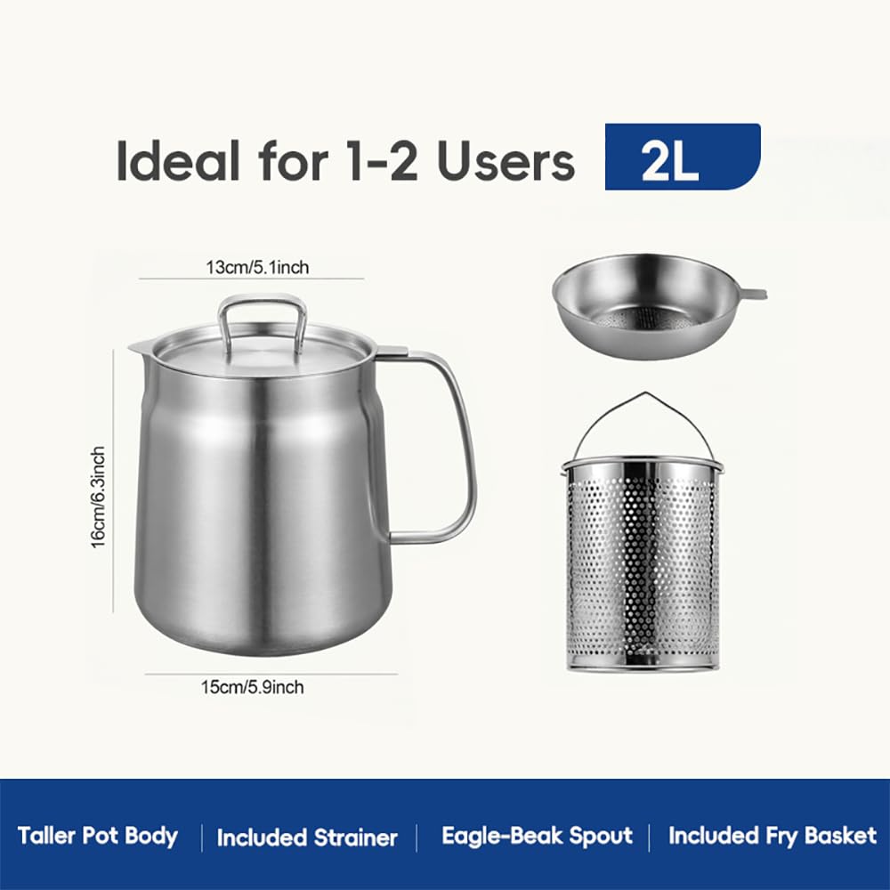 2L 304 Stainless Steel Deep Fryer Pot with Basket, Strainer & Lid T989