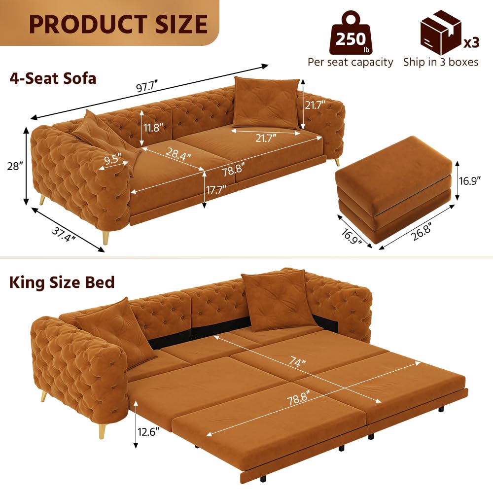 King Velvet Pull Out Sleeper Sofa with Ottoman E78438