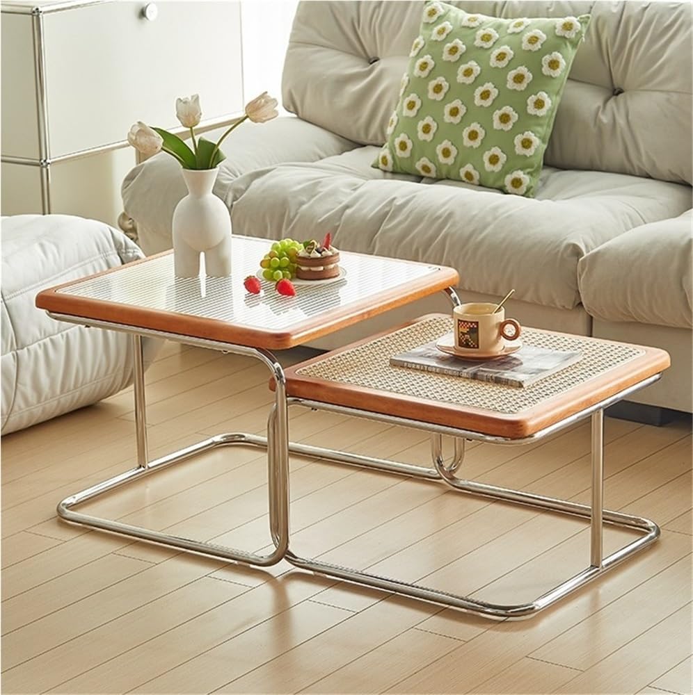 Square Nesting Coffee Table Set of 2 Wooden Rattan Glass Brown H754507