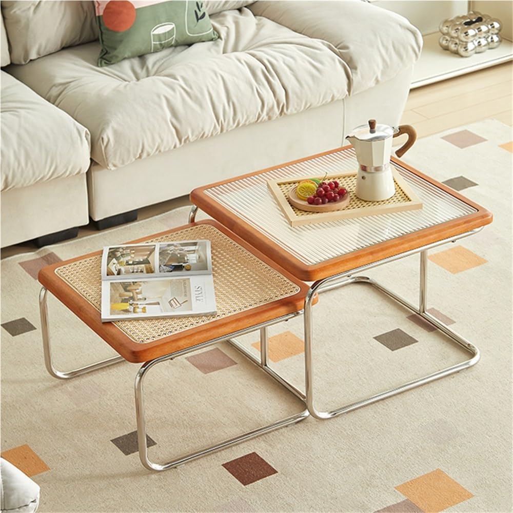 Square Nesting Coffee Table Set of 2 Wooden Rattan Glass Brown H754507