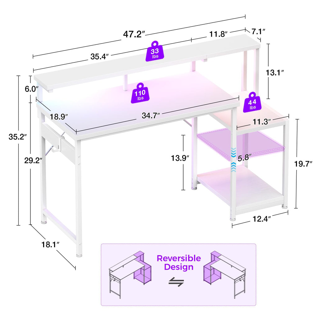 48 Inch White Gaming Desk with LED Lights A5701