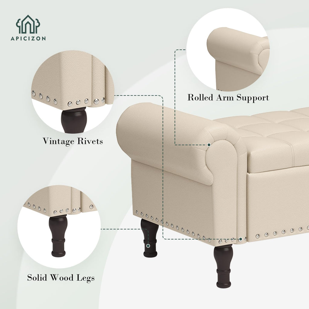 Beige Faux Leather Storage Bench with Rolled Arm X496