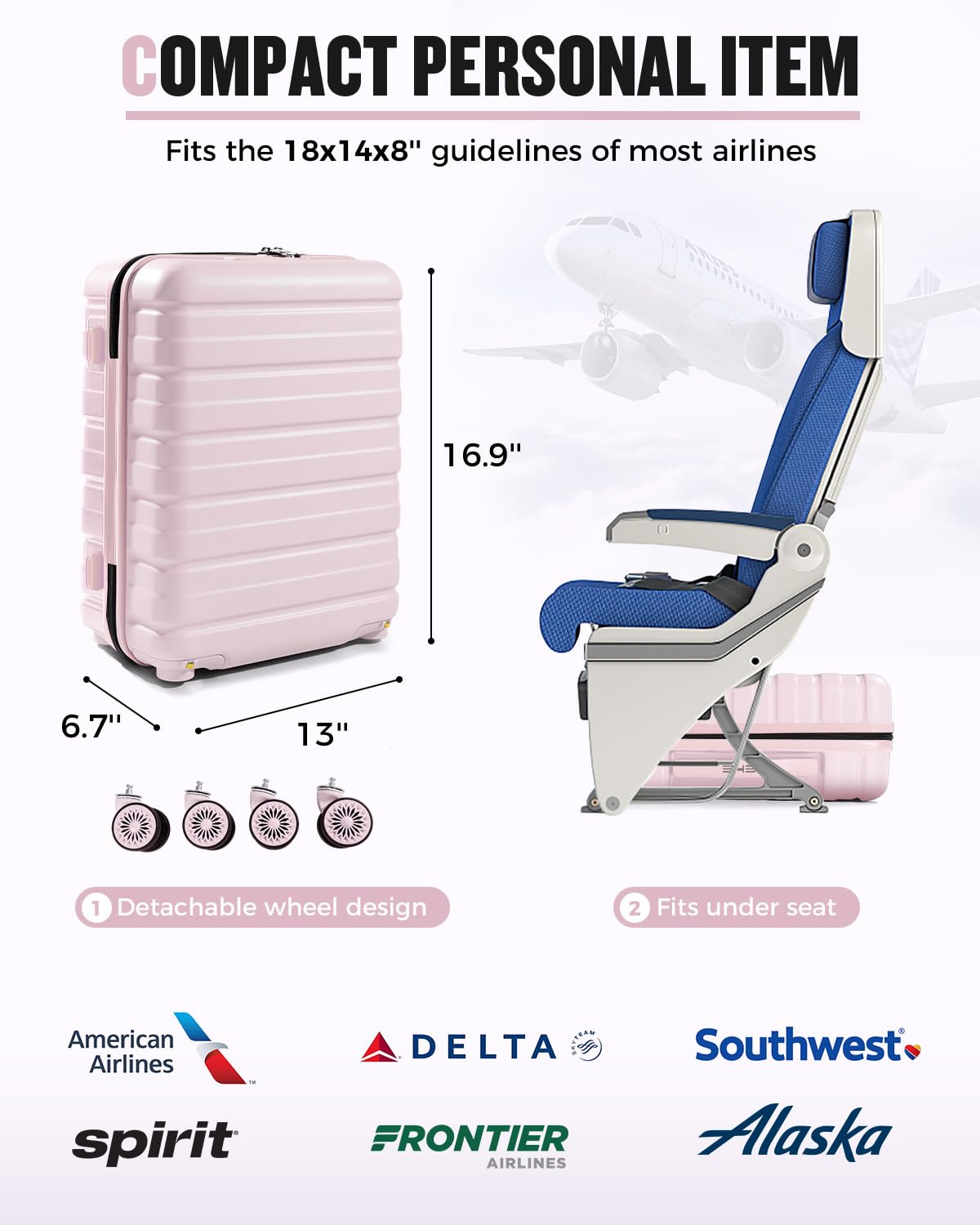 16 Inch Underseat Carry On Luggage Light Pink H39335