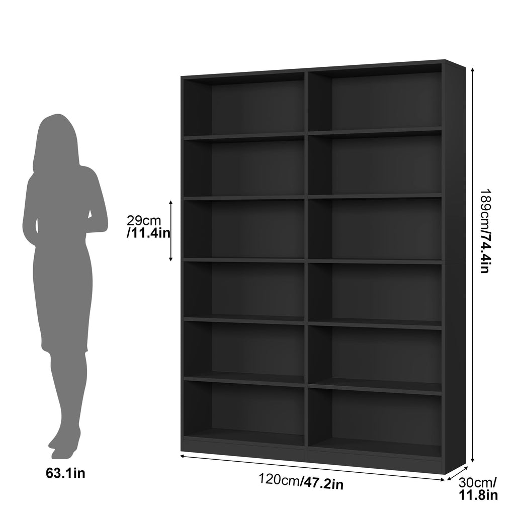 Black 6-Tier Double Wide Bookshelf U896
