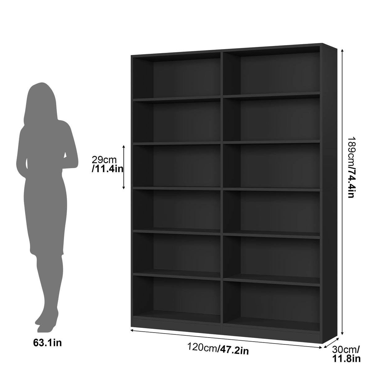 Black 6-Tier Double Wide Bookshelf U896