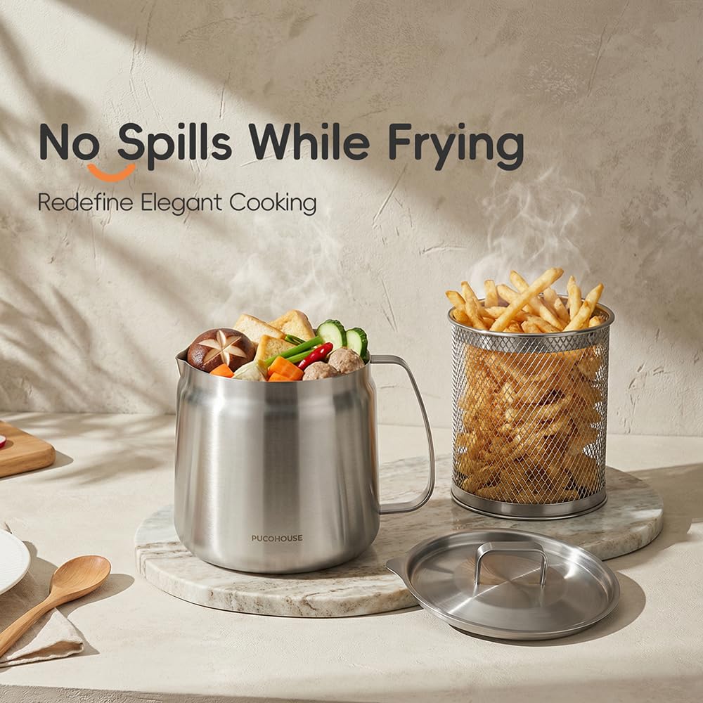 2L 304 Stainless Steel Deep Fryer Pot with Basket, Strainer & Lid T989