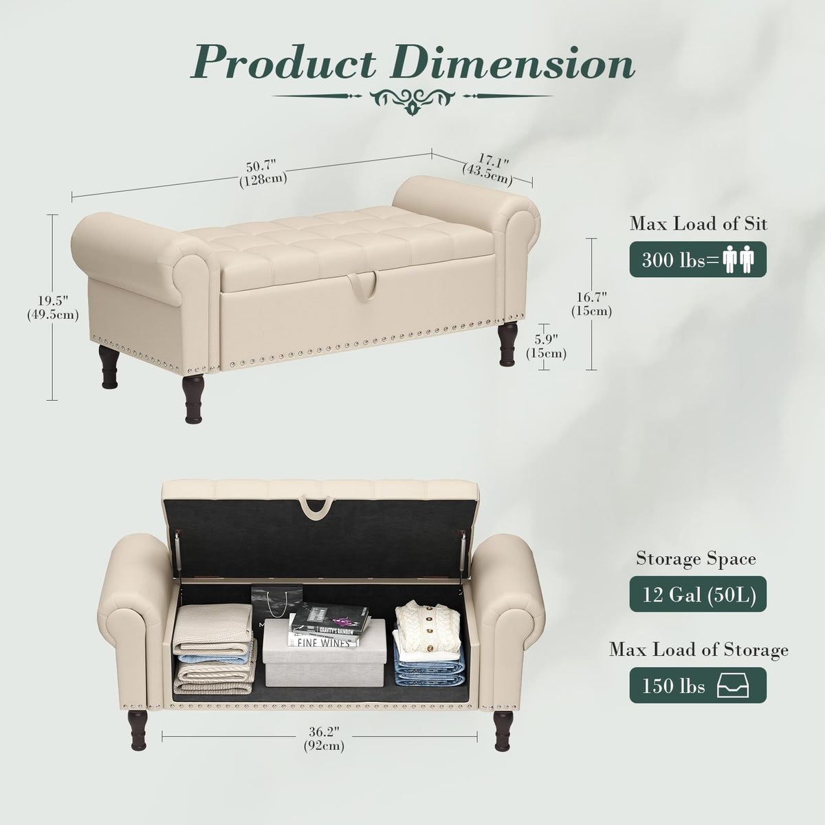 Beige Faux Leather Storage Bench with Rolled Arm X496