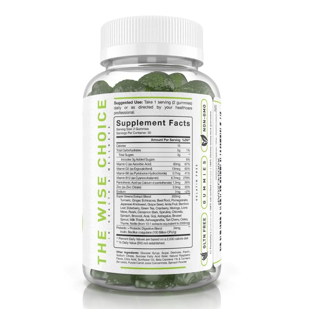 Super Greens Gummies with Spirulina, Spinach, Broccoli, Beet Root, Acai, Vegan, 60 Count J832