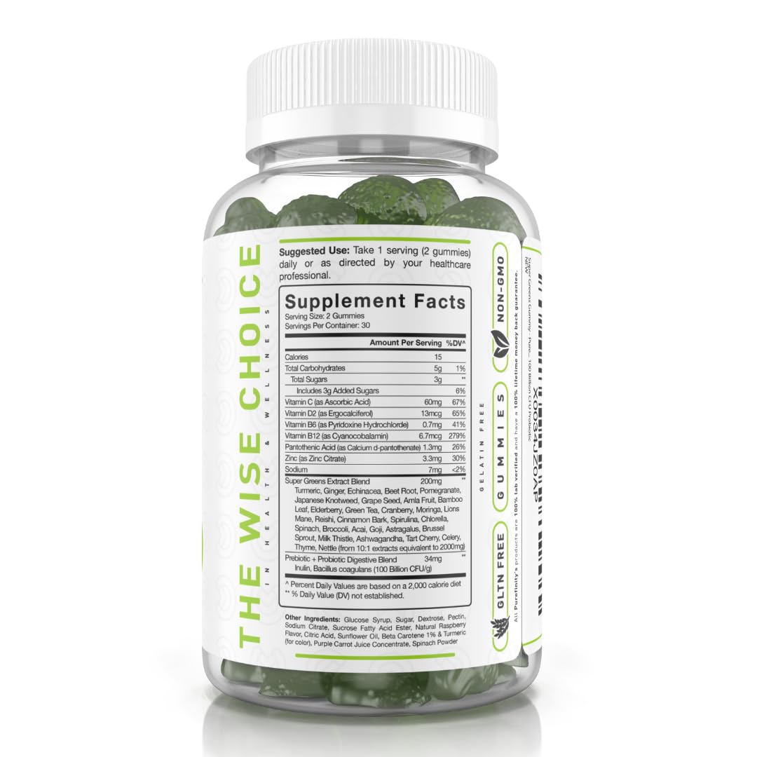 Super Greens Gummies with Spirulina, Spinach, Broccoli, Beet Root, Acai, Vegan, 60 Count J832