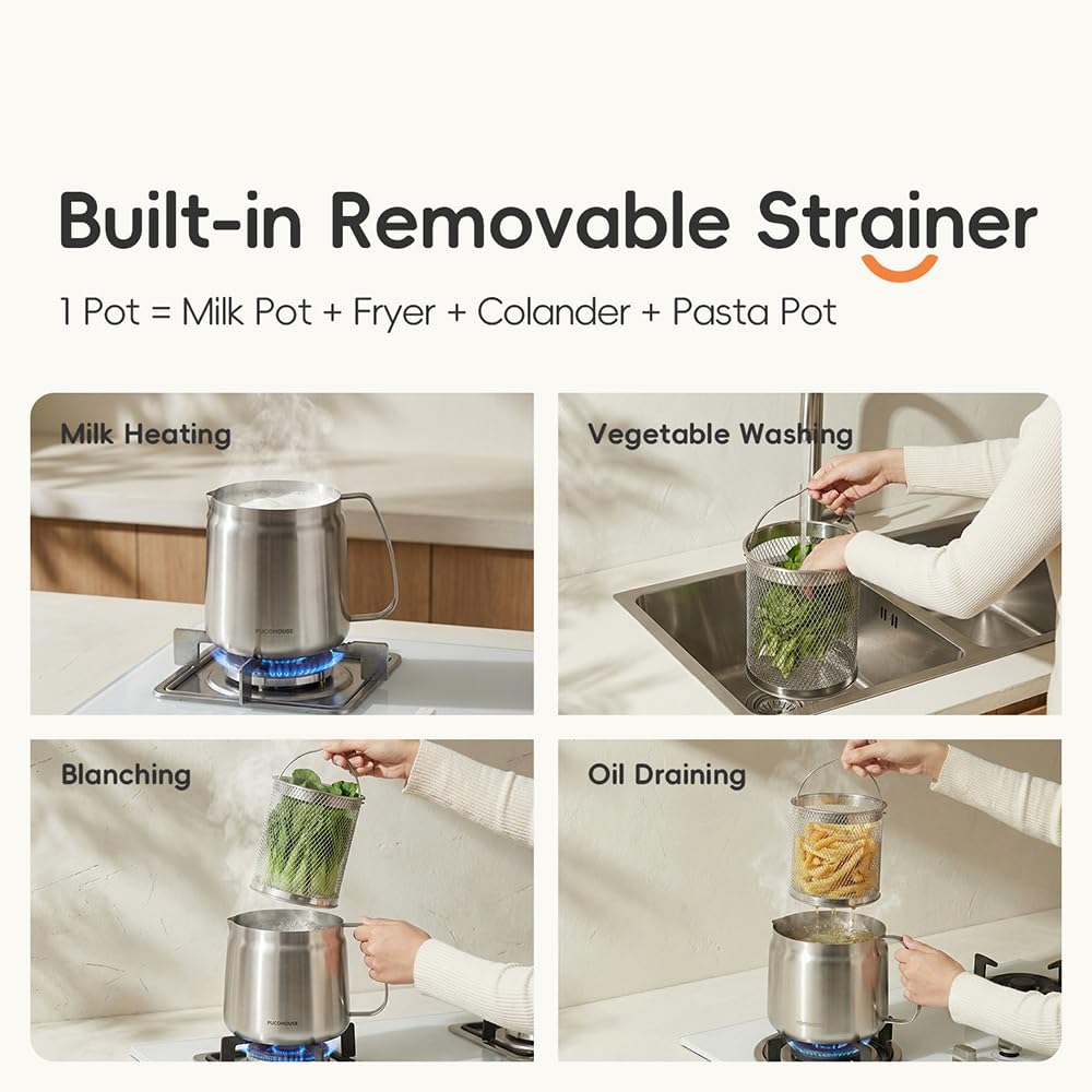 2L 304 Stainless Steel Deep Fryer Pot with Basket, Strainer & Lid T989