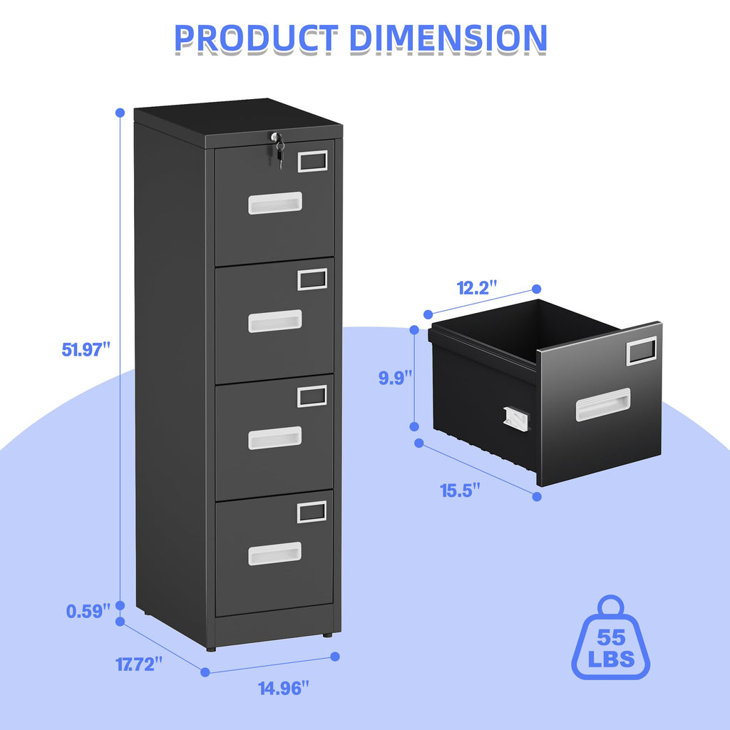 Black 4-Drawer Metal File Cabinet with Lock G116