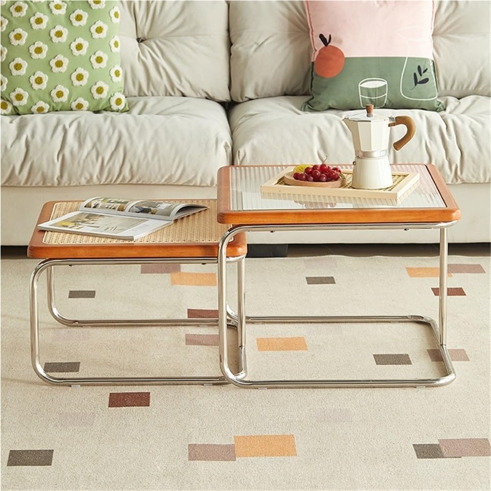Square Nesting Coffee Table Set of 2 Wooden Rattan Glass Brown H754507