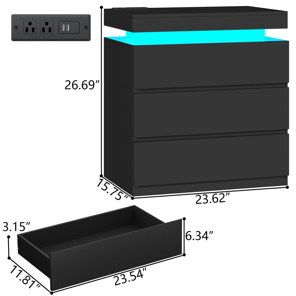 Nightstand with Charging Station, LED Lights, 3 Storage Drawers E413446