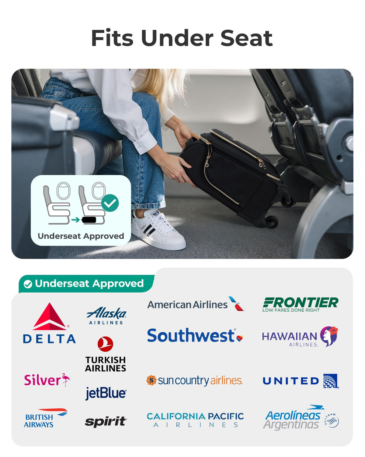 16-inch Softside Underseater Carry On Luggage with Spinner Wheels Black D6052