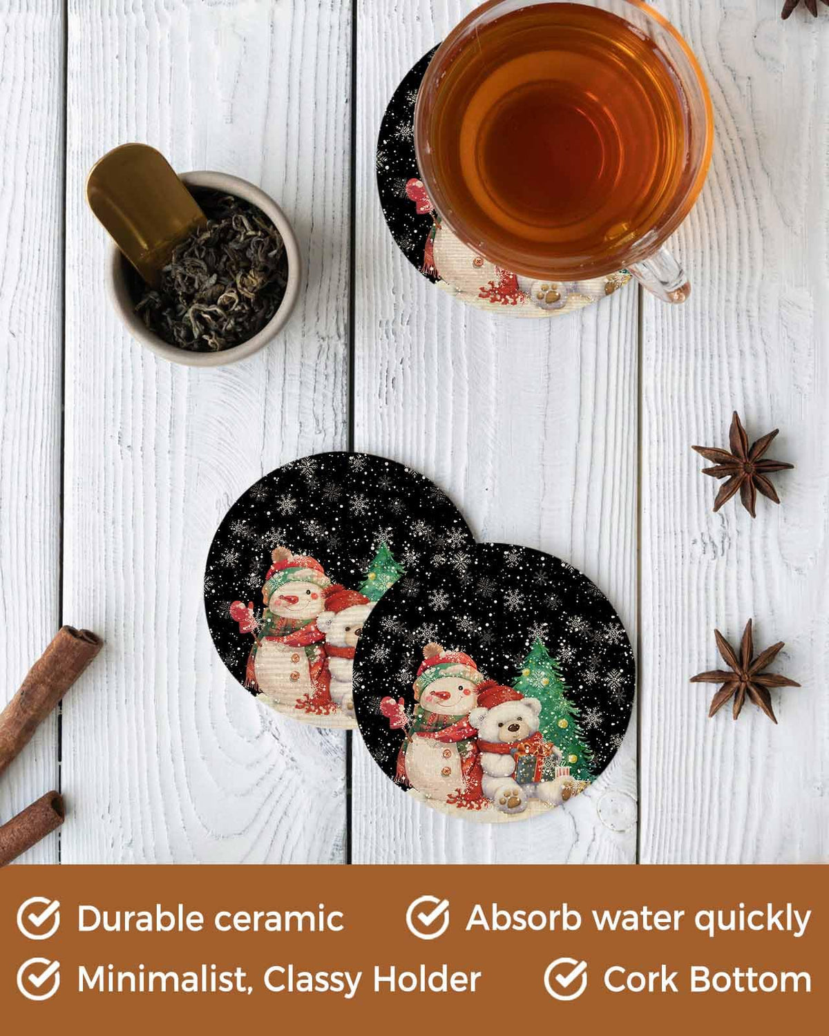 Black Retro Linen Ceramic Stone Coasters Set of 6 with Holder V726434