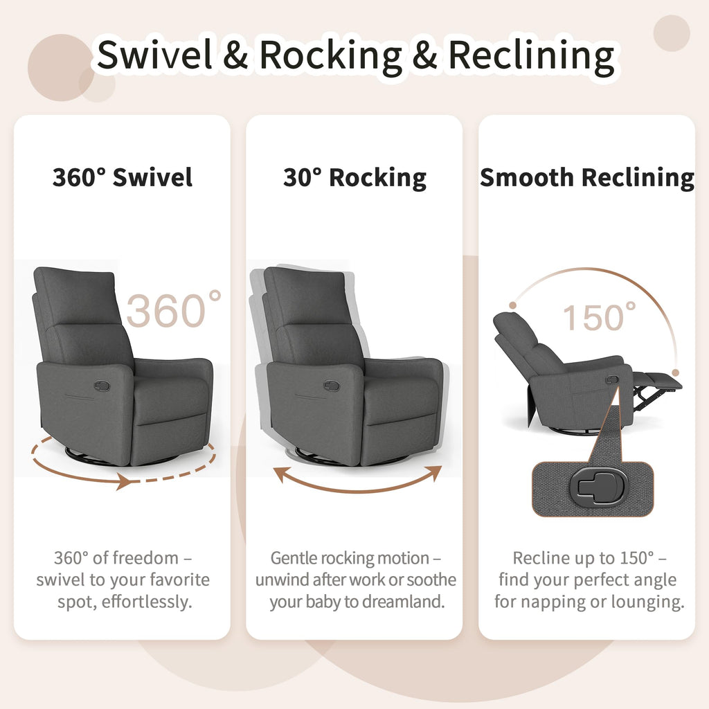 Dark Gray Swivel Rocker Recliner Chair T9177