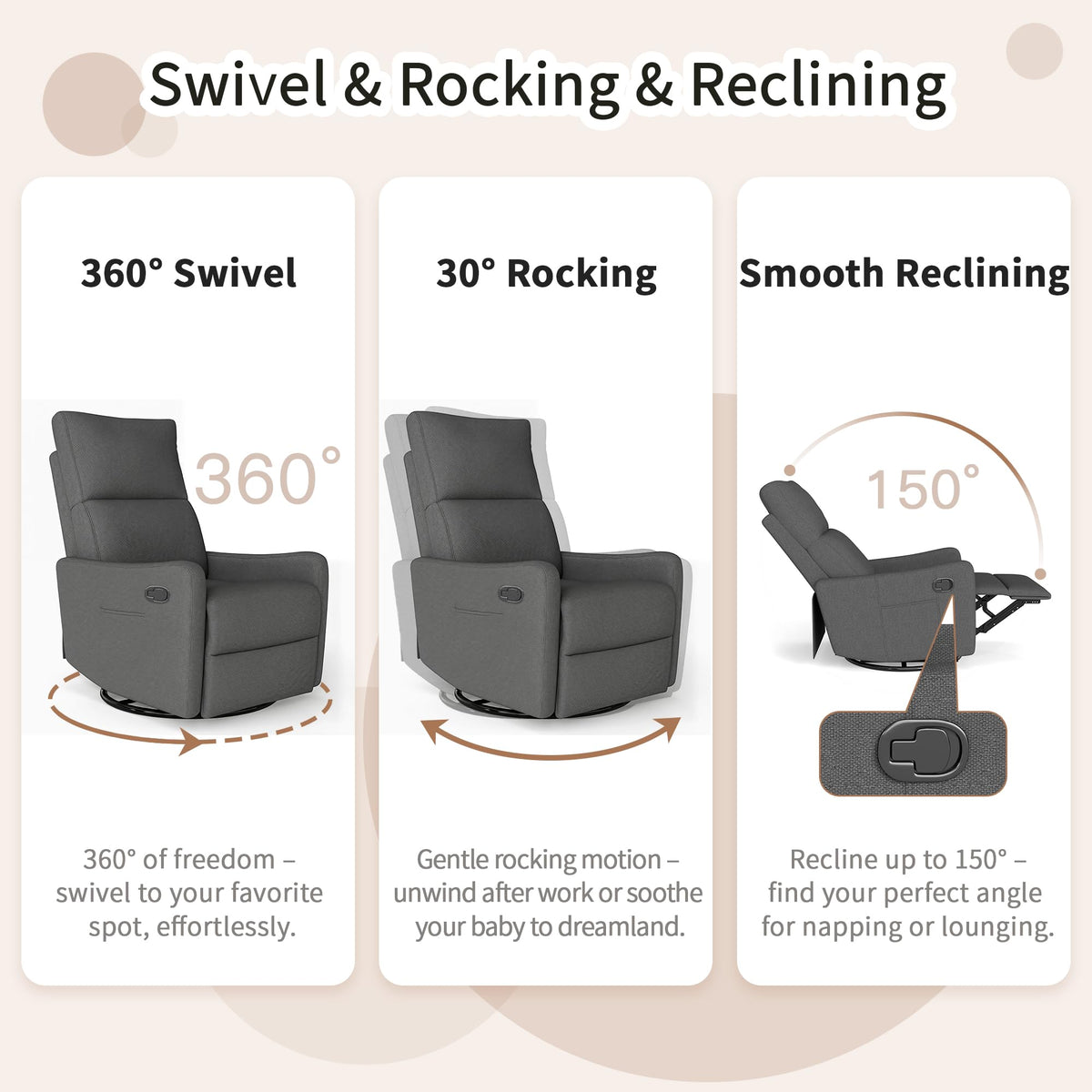 Dark Gray Swivel Rocker Recliner Chair T9177