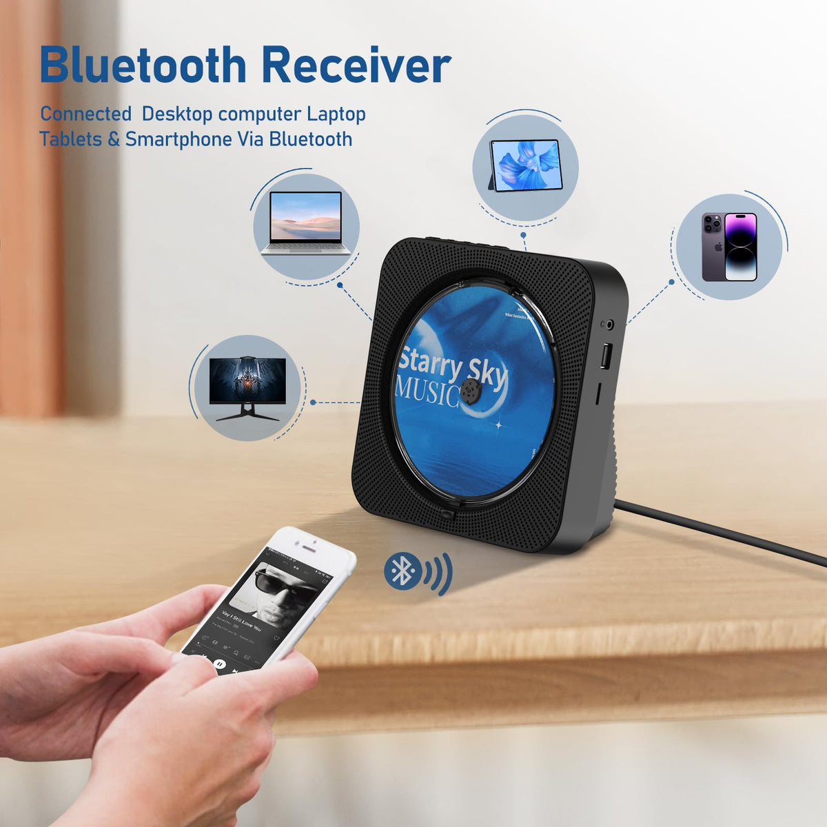 Portable Bluetooth CD Player with Speakers, Remote Control, LED Display, FM Radio, USB/AUX (Black) L38212