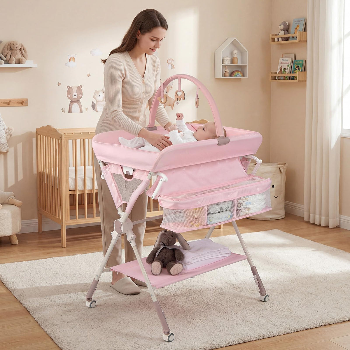Portable Foldable Baby Changing Table with Wheels J483938