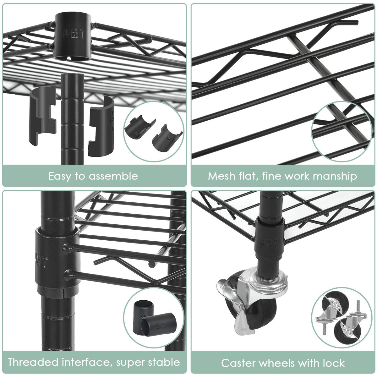 5-Shelf Adjustable Heavy Duty Metal Shelving Unit with Wheels, Black D887