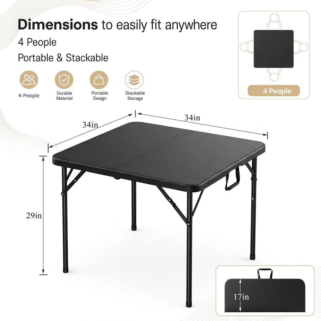 34" Square Folding Card Table with Built-in Handle, Black V557