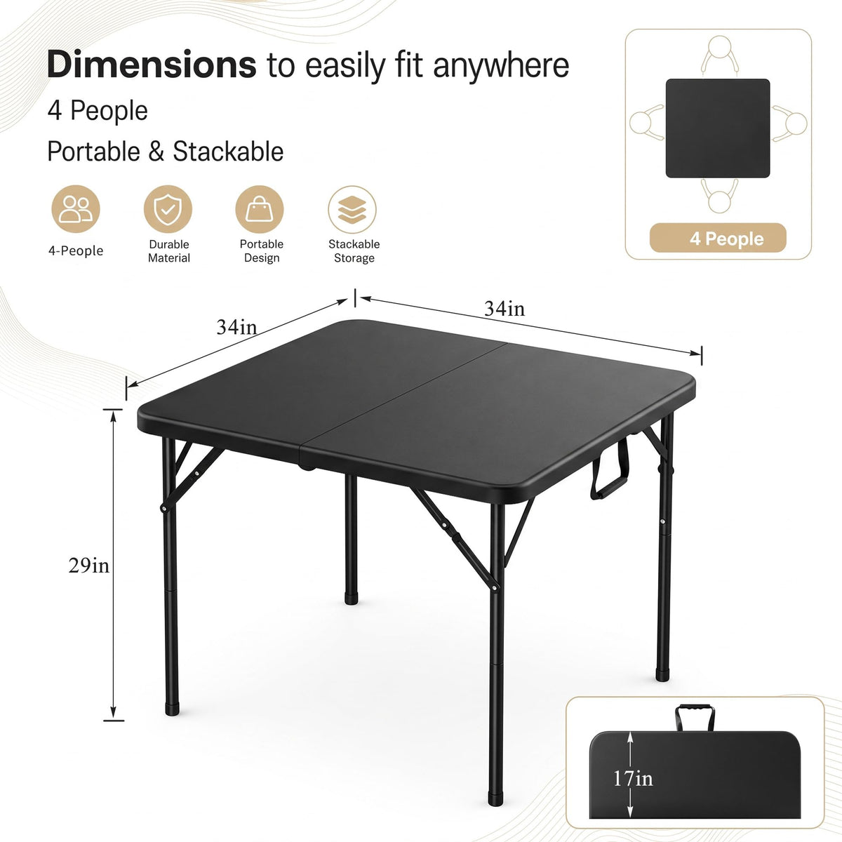 34" Square Folding Card Table with Built-in Handle, Black V557