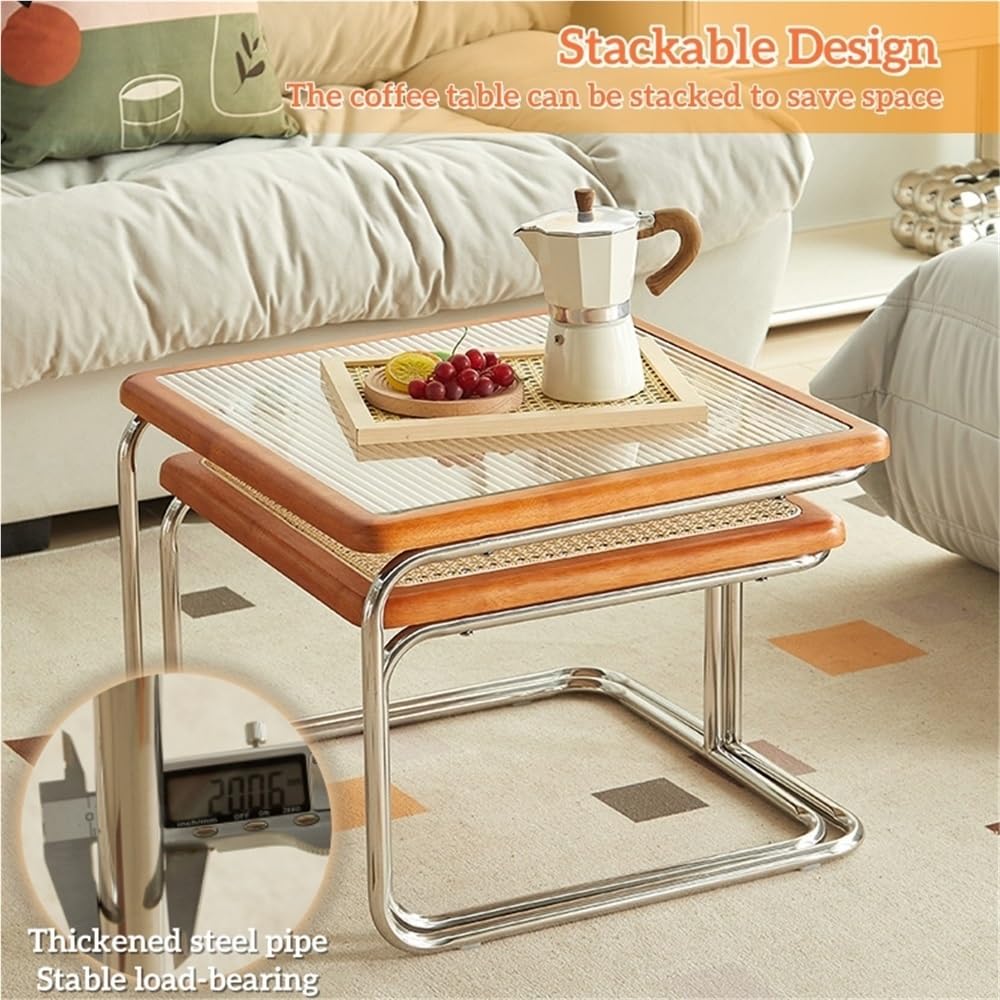Square Nesting Coffee Table Set of 2 Wooden Rattan Glass Brown H754507