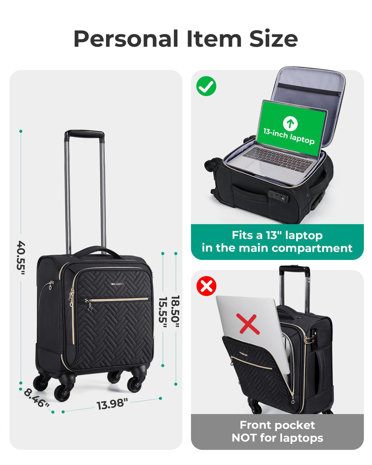 16-inch Softside Underseater Carry On Luggage with Spinner Wheels Black D6052