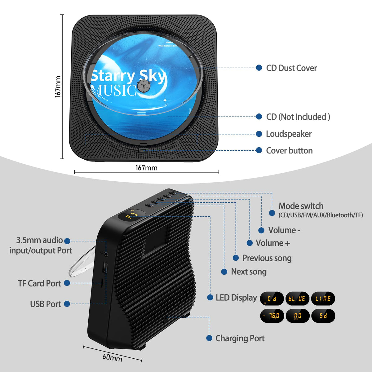 Portable Bluetooth CD Player with Speakers, Remote Control, LED Display, FM Radio, USB/AUX (Black) L38212