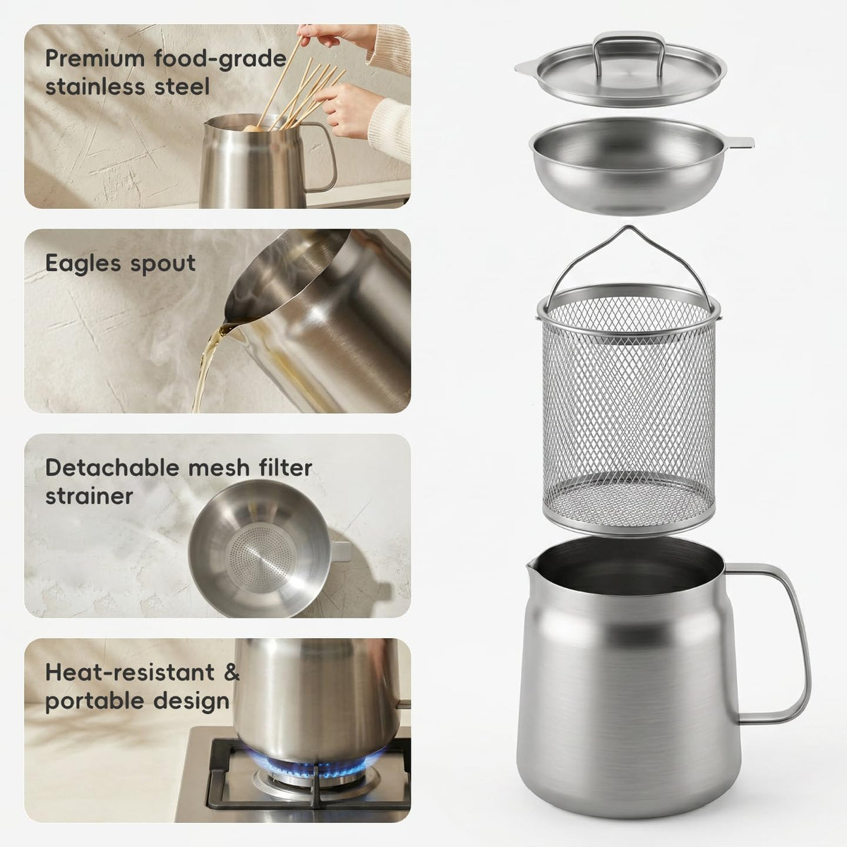 2L 304 Stainless Steel Deep Fryer Pot with Basket, Strainer & Lid T989