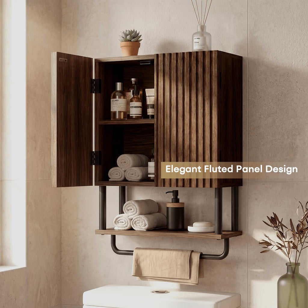 Farmhouse Fluted Wood Wall Mounted Bathroom Cabinet with Adjustable Shelf I174