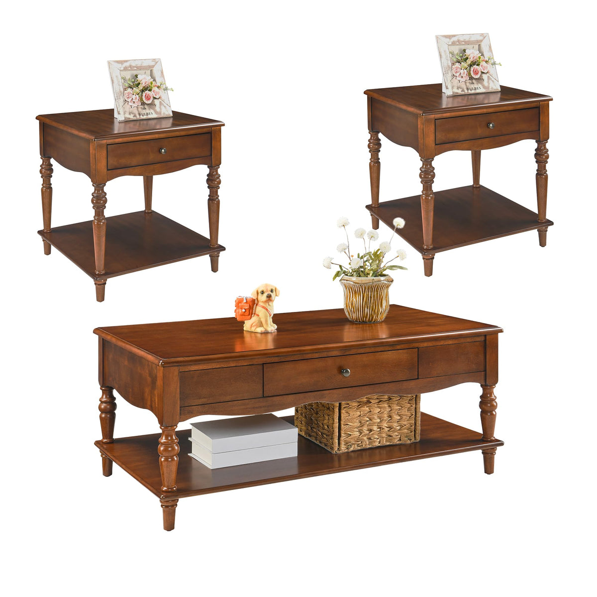 Rectangular Coffee Table and Two Square End Tables with Storage Drawer C237109