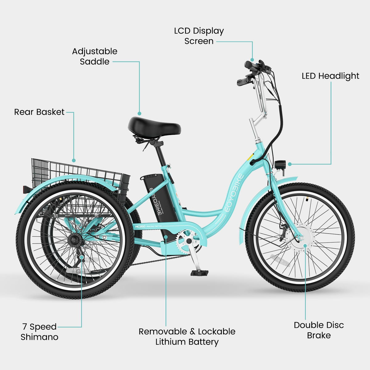 24/26 Inch 350W Electric Tricycle with Removable 36V Battery and Rear Basket Y3359
