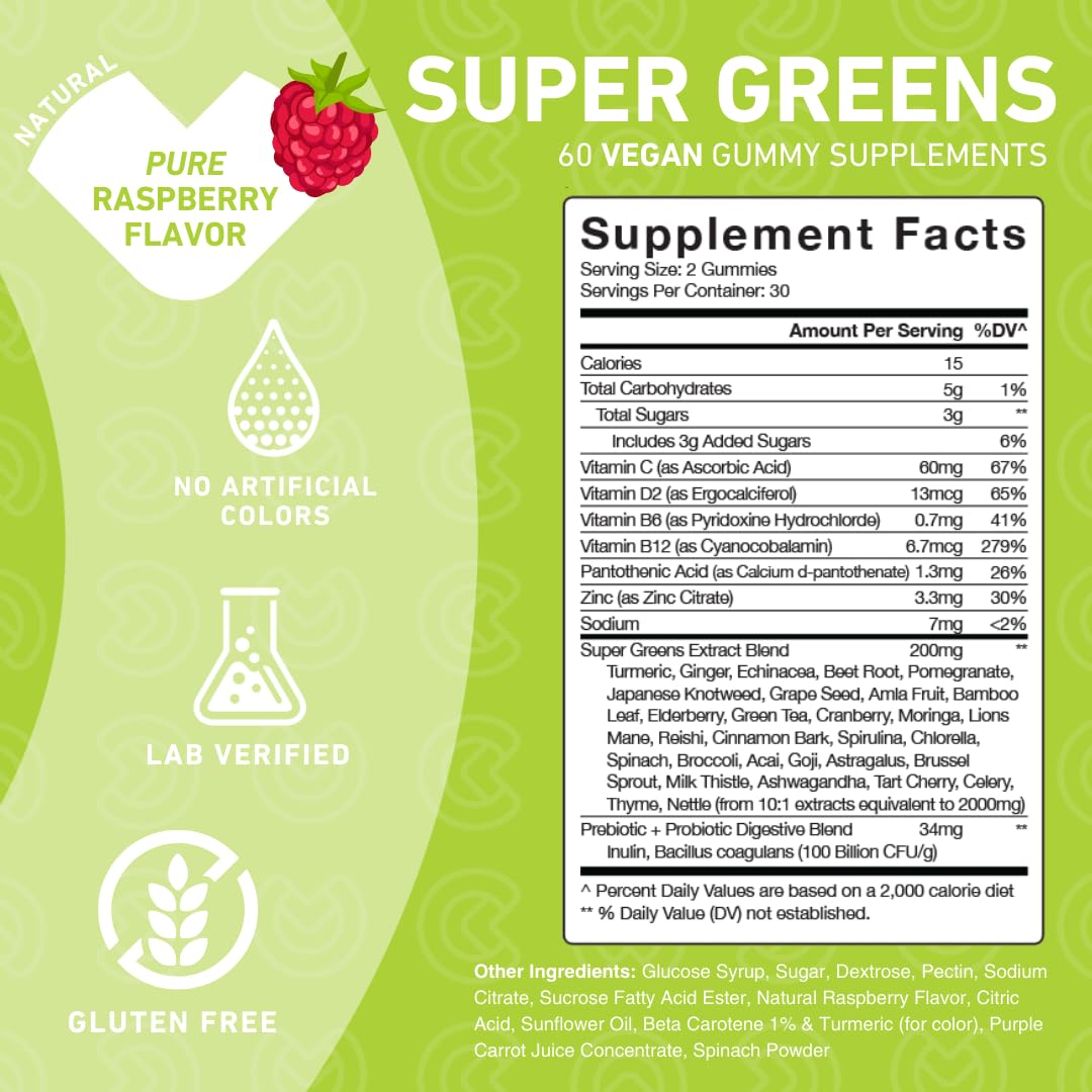 Super Greens Gummies with Spirulina, Spinach, Broccoli, Beet Root, Acai, Vegan, 60 Count J832