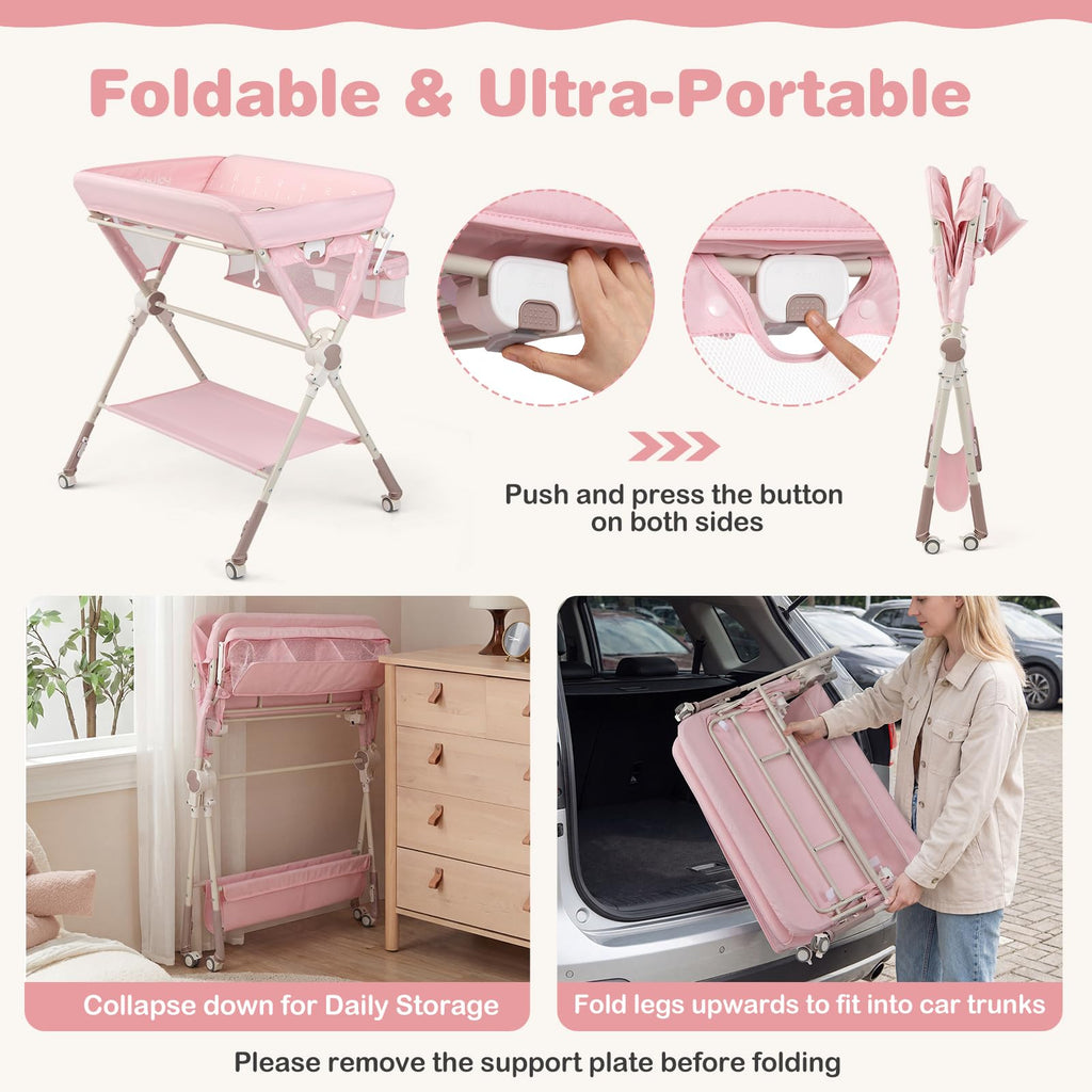 Portable Foldable Baby Changing Table with Wheels J483938