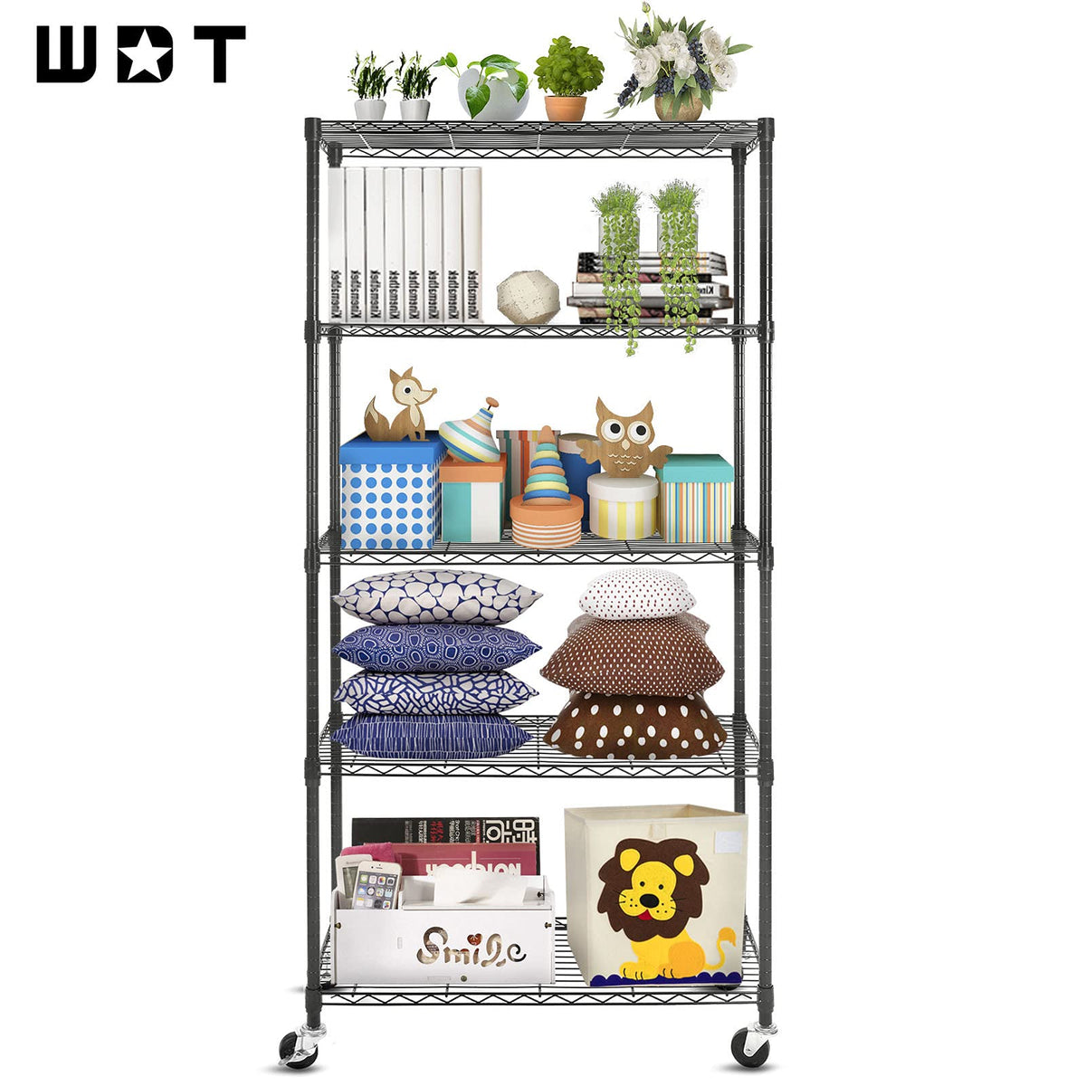 5-Shelf Adjustable Heavy Duty Metal Shelving Unit with Wheels, Black D887
