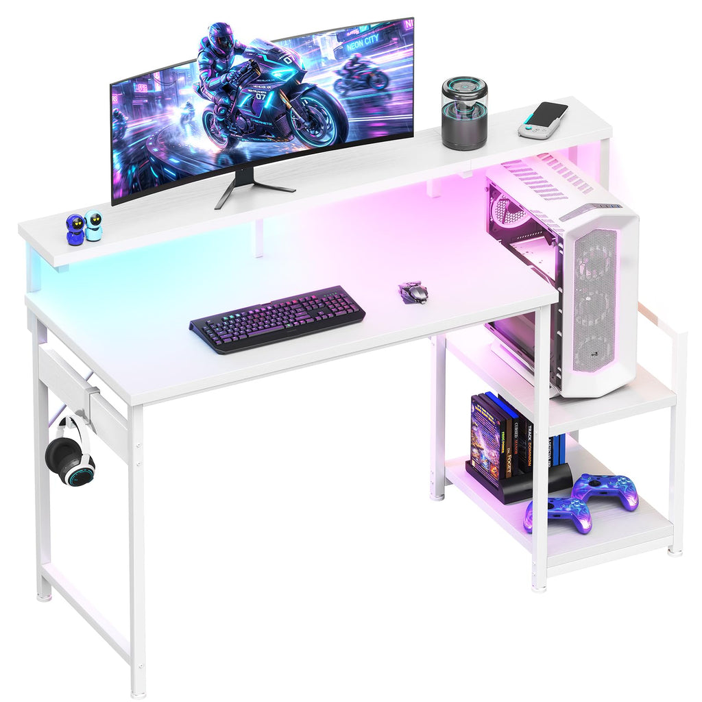 48 Inch White Gaming Desk with LED Lights A5701