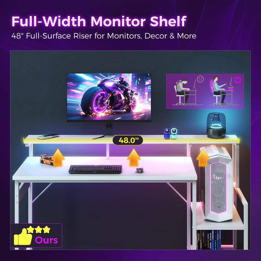 48 Inch White Gaming Desk with LED Lights A5701