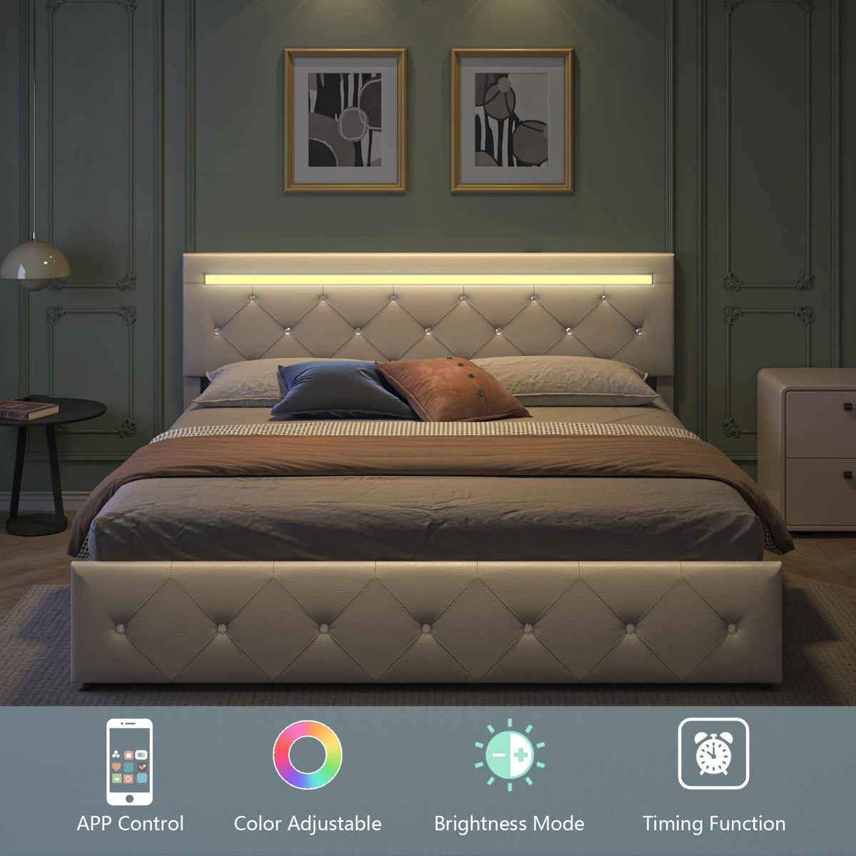 Full Size Bed Frame with LED Light and Storage Drawers Y473