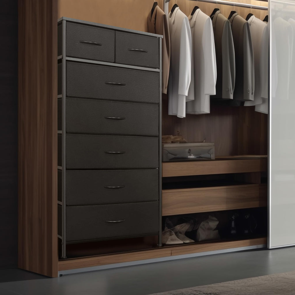 Black 7 Drawer Tall Dresser with Fabric Bins A55757