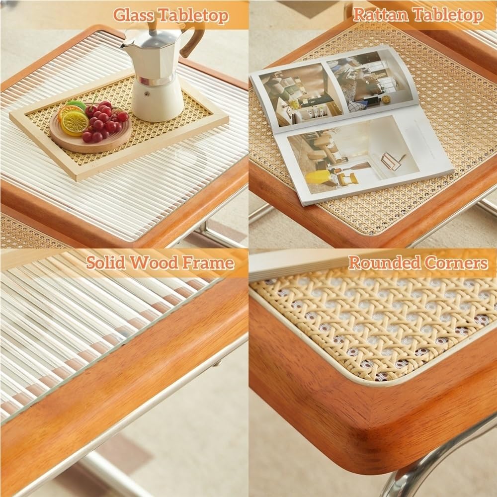 Square Nesting Coffee Table Set of 2 Wooden Rattan Glass Brown H754507