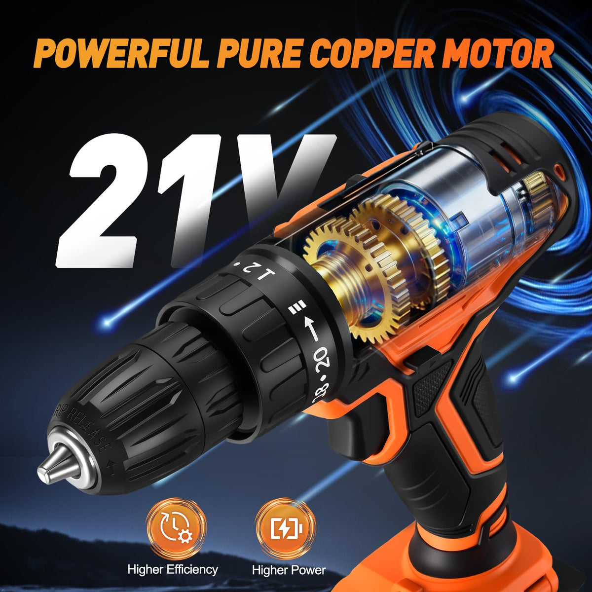Cordless Drill, 20+1 Torque, 2 Speed, 3/8" Electric Screwdriver with 28pcs Drill Bits Set V572779