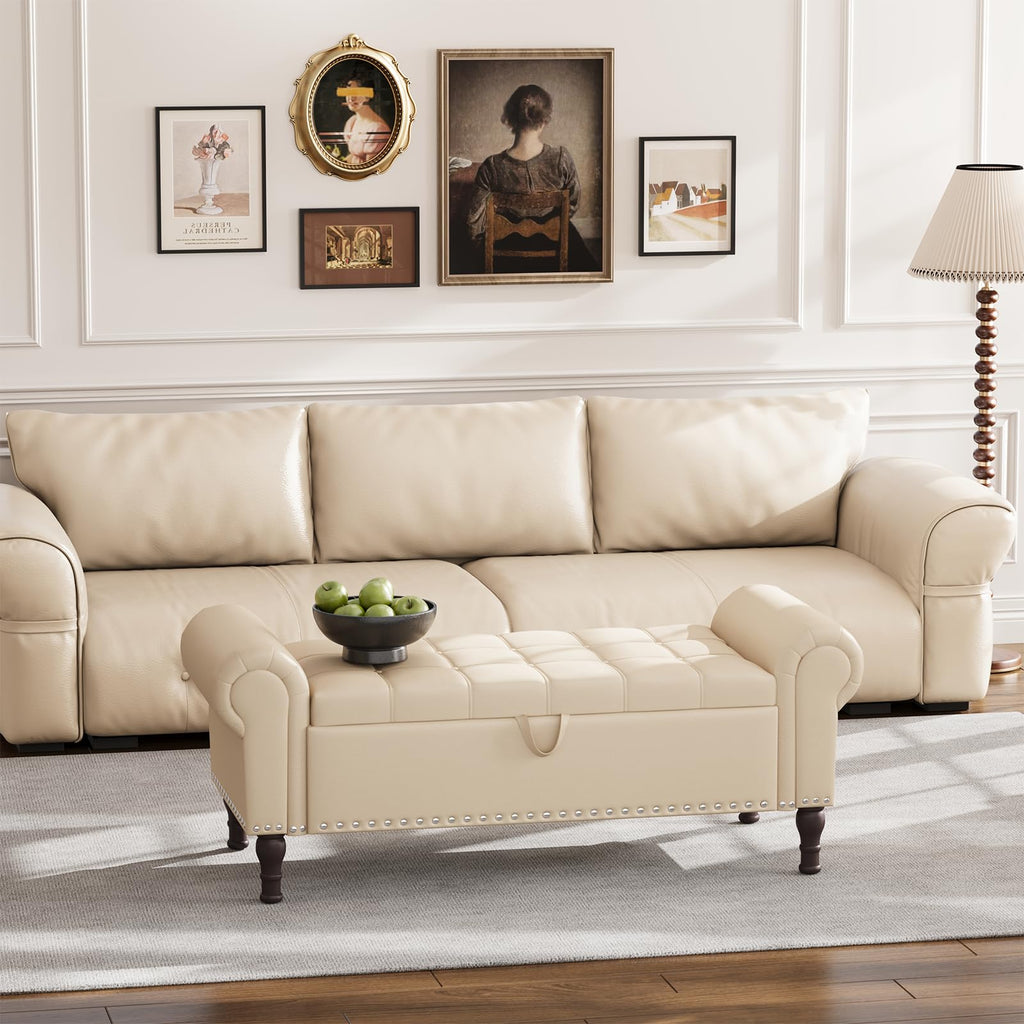 Beige Faux Leather Storage Bench with Rolled Arm X496