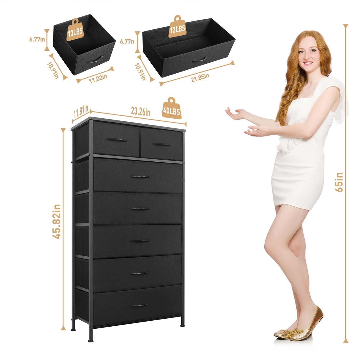 Black 7 Drawer Tall Dresser with Fabric Bins A55757
