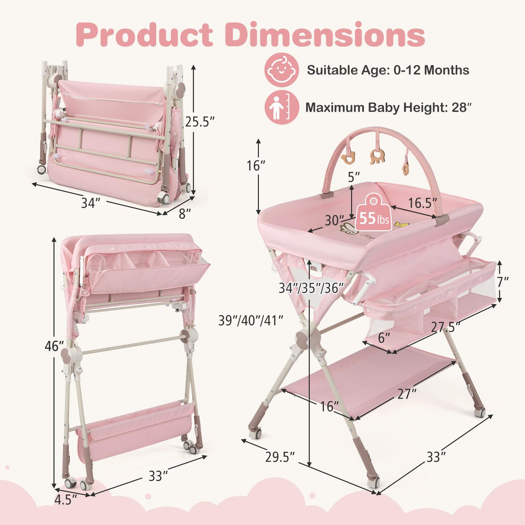 Portable Foldable Baby Changing Table with Wheels J483938