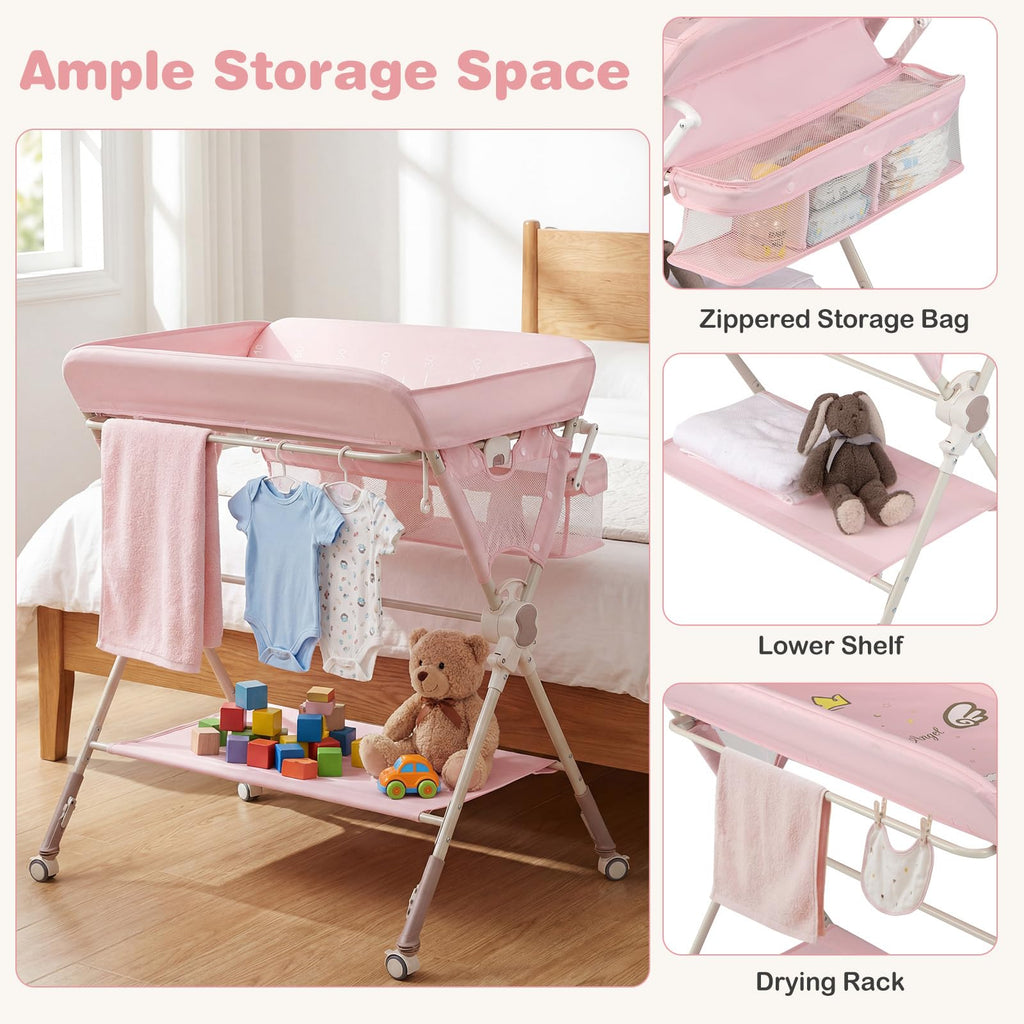 Portable Foldable Baby Changing Table with Wheels J483938