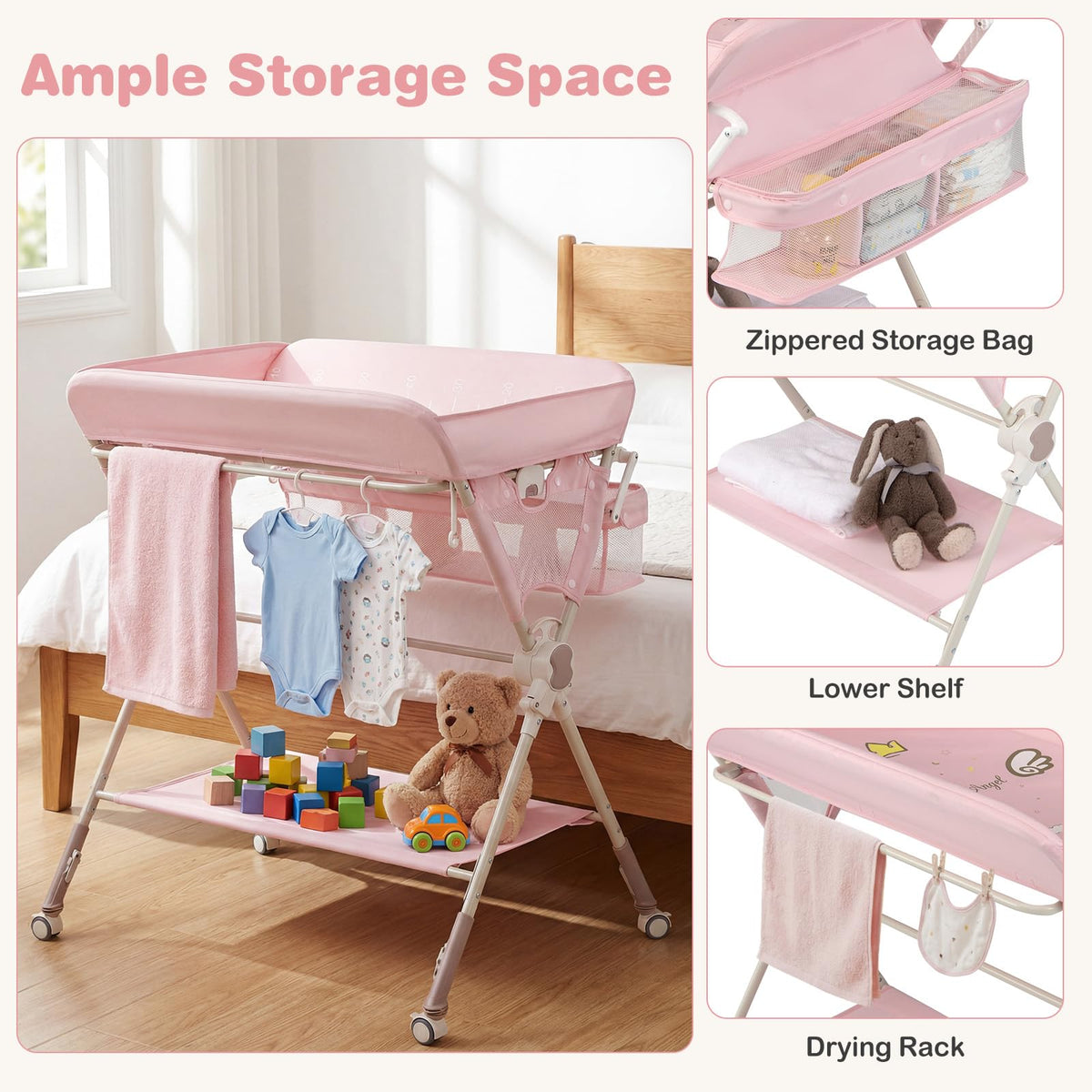 Portable Foldable Baby Changing Table with Wheels J483938