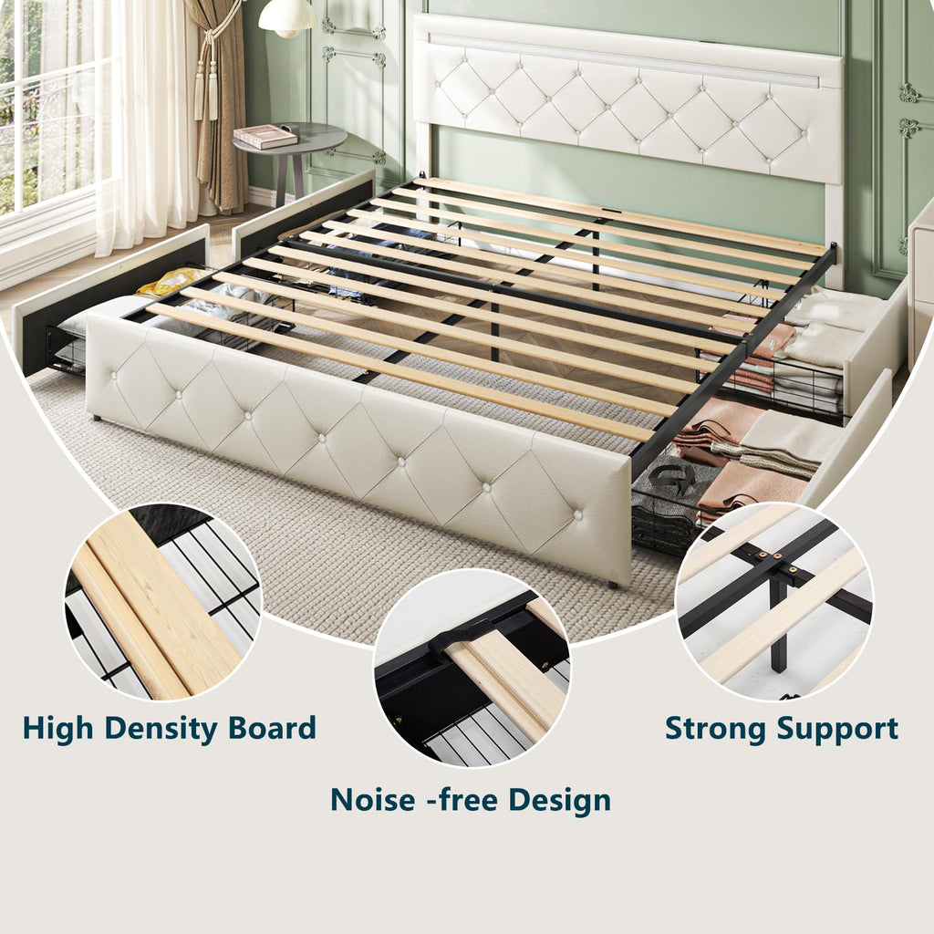 Full Size Bed Frame with LED Light and Storage Drawers Y473