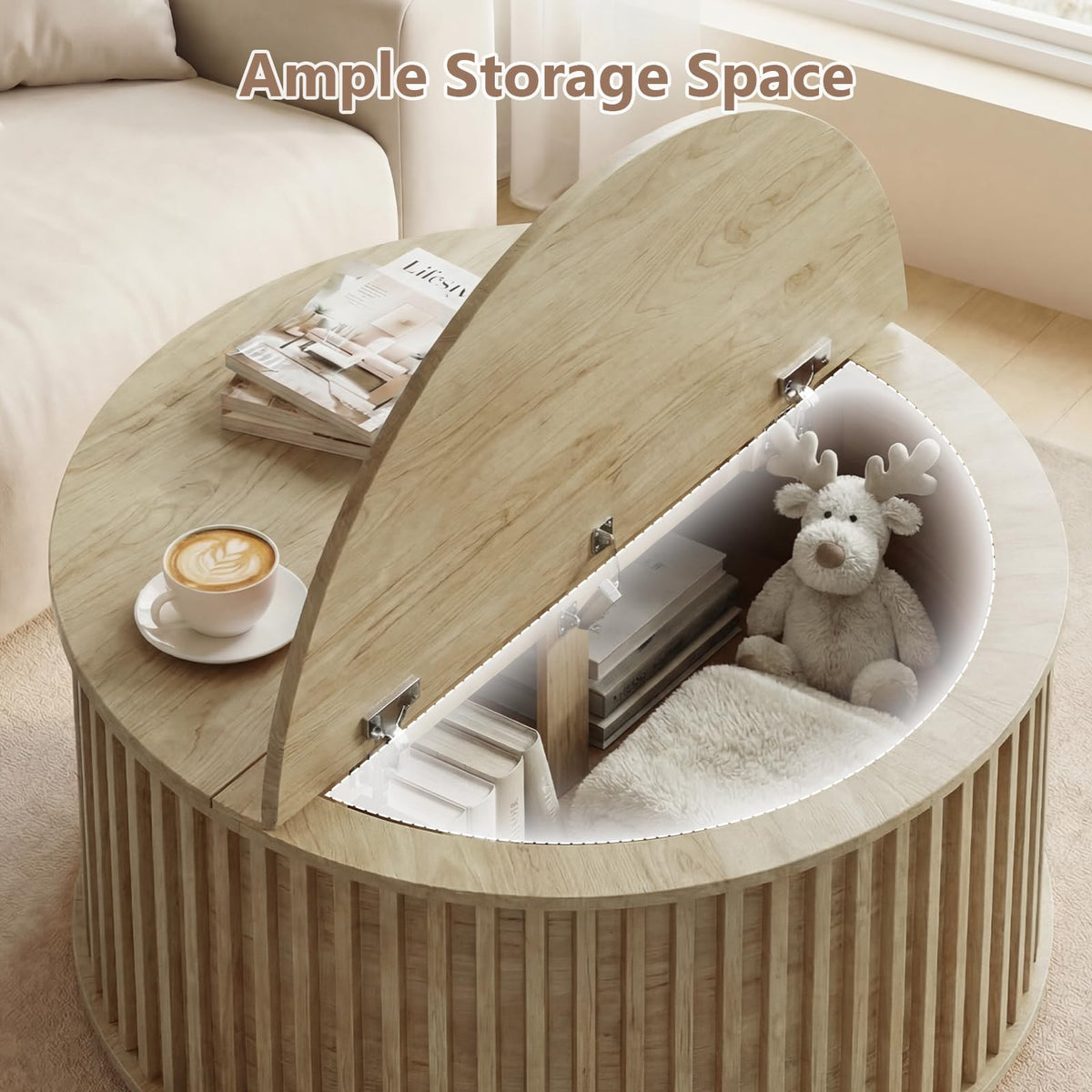Round Coffee Table with Storage, 35.43" Fluted Center Table T436