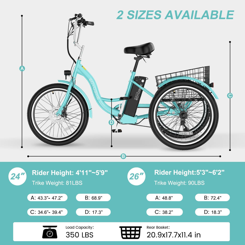 24/26 Inch 350W Electric Tricycle with Removable 36V Battery and Rear Basket Y3359